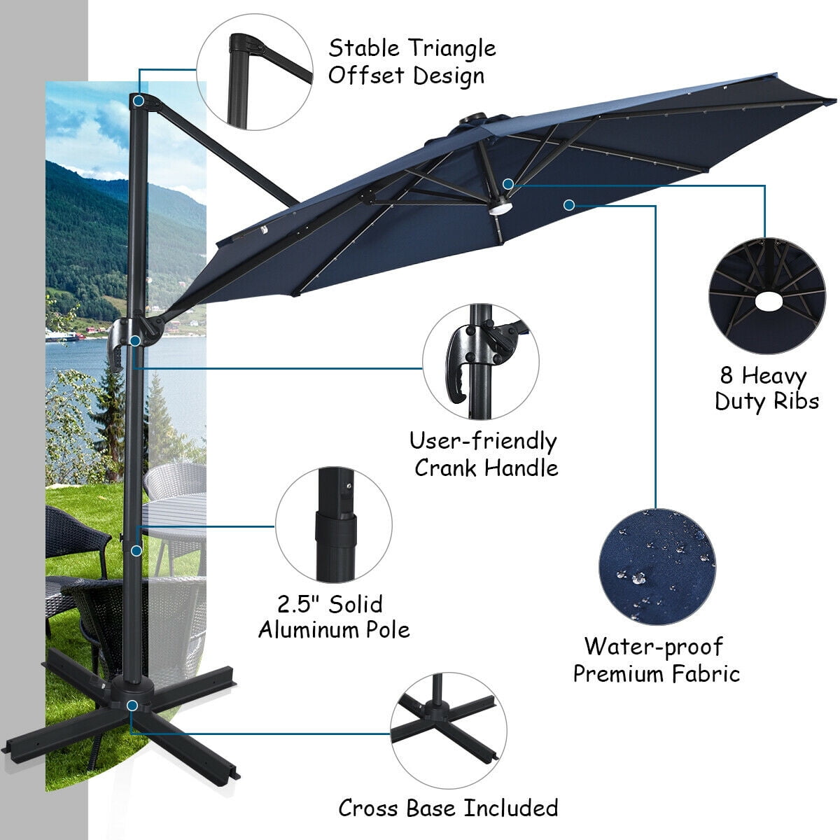 Gymax 10ft Solar Led Cantilever Offset Patio Umbrella 360 Rotation Aluminum Walmart Com Walmart Com