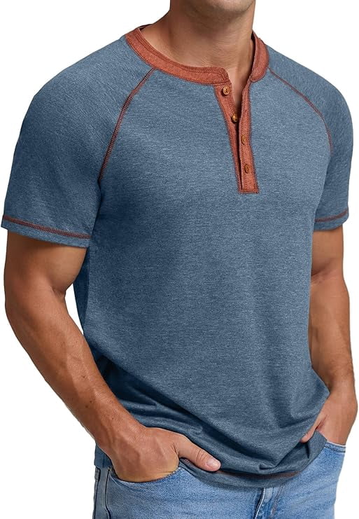 Classic henley style Three button henley closure, Mens Henley Short Sleeve T-Shirt Cotton Casual Shirt Mens ShirtsSummer Daily T-Shirts Blue L
