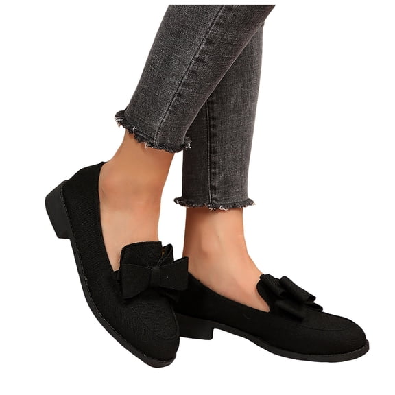 Rokment Womens Bow Ballet Flat Dress Shoes for Bride Wedding Trendy Casual Lined Bowknot Low Heel Slip on Walking Penny Loafers Black Size 6