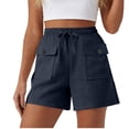 thumbnail image 2 of Guieoi Shorts for Women Plus Size Solid-Color Drawstring Pleated Button-Front Cotton-Linen Pocket Casual Capri Pants Navy 0 M, 2 of 6