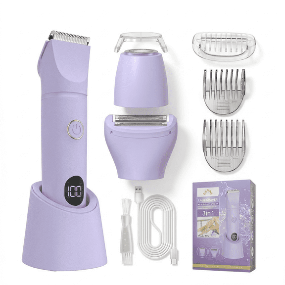 Bikini Trimmer for Women, 3 in 1 Electric Razors for Women, IPX7 Waterproof Wet Dry Body Shaver Pubic Hair Trimmer Facial Hair Remover with Ceramic Blade USB Recharge Dock Gift for Women