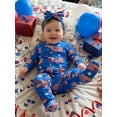 thumbnail image 6 of BemeyourBBs Newborn Baby Girl Boy 4th of July Outfit Footed Romper FootieJumpsuit Infant Baby Patriot Independent Day Clothes American Flag Stripe Print Ruffles Long Sleeve Zipper Romper Headband Set, 6 of 9
