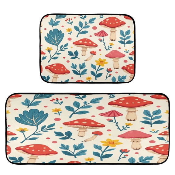 2-Piece Kitchen Mat Set Non Slip Washable Floor Mats Decorative Rugs for Kitchen Sink Laundry Cartoon Red Mushroom Pattern