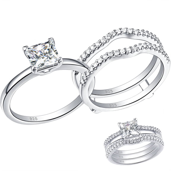 SHELOVES Solitaire Princess CZ Wedding Engagement Rings Set Wedding Band Guard Ring Enhancers 925 Sterling Silver Size 7