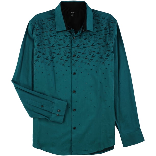Alfani Mens Ombre Geo-Print Button Up Shirt, Verde, Mediano