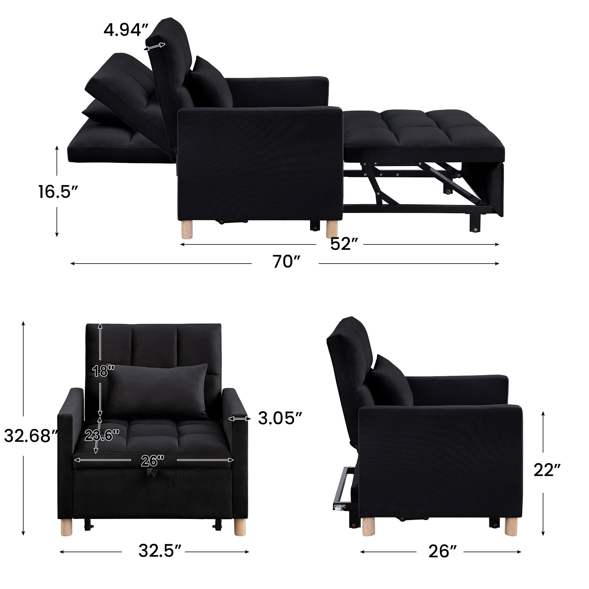 Aukfa 3-in-1 Sleeper Chair, Convertible Pull Out Chair Bed for Small Space, Black