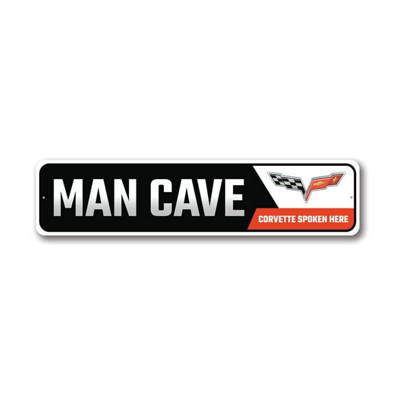 Man Cave Corvette Spoken Here, Chevy Metal Sign, Novelty Car Sign, Garage Decor - 4x18 inches