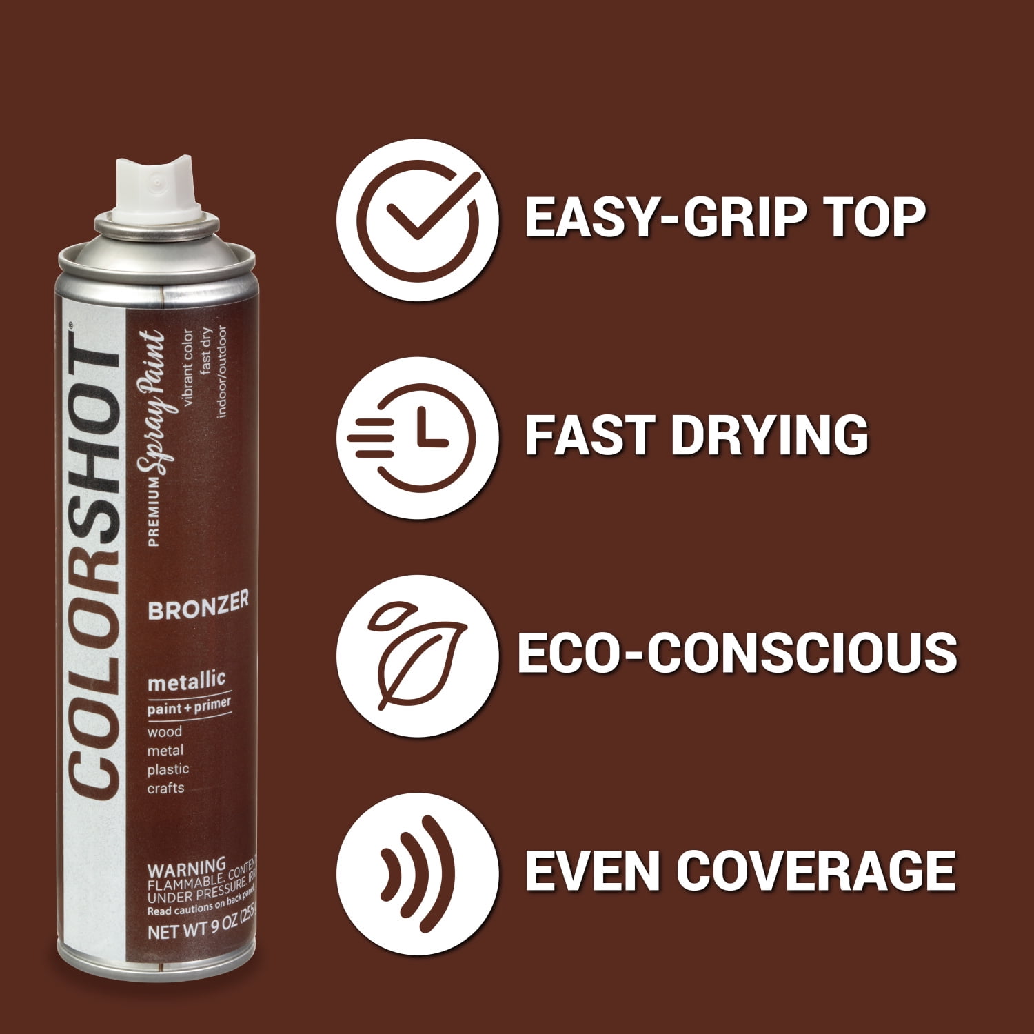 (2 pack) COLORSHOT Metallic Spray Paint, Bronzer (Brown) 9 oz, Fast-Drying Acrylic Paint, Indoor & Outdoor Use