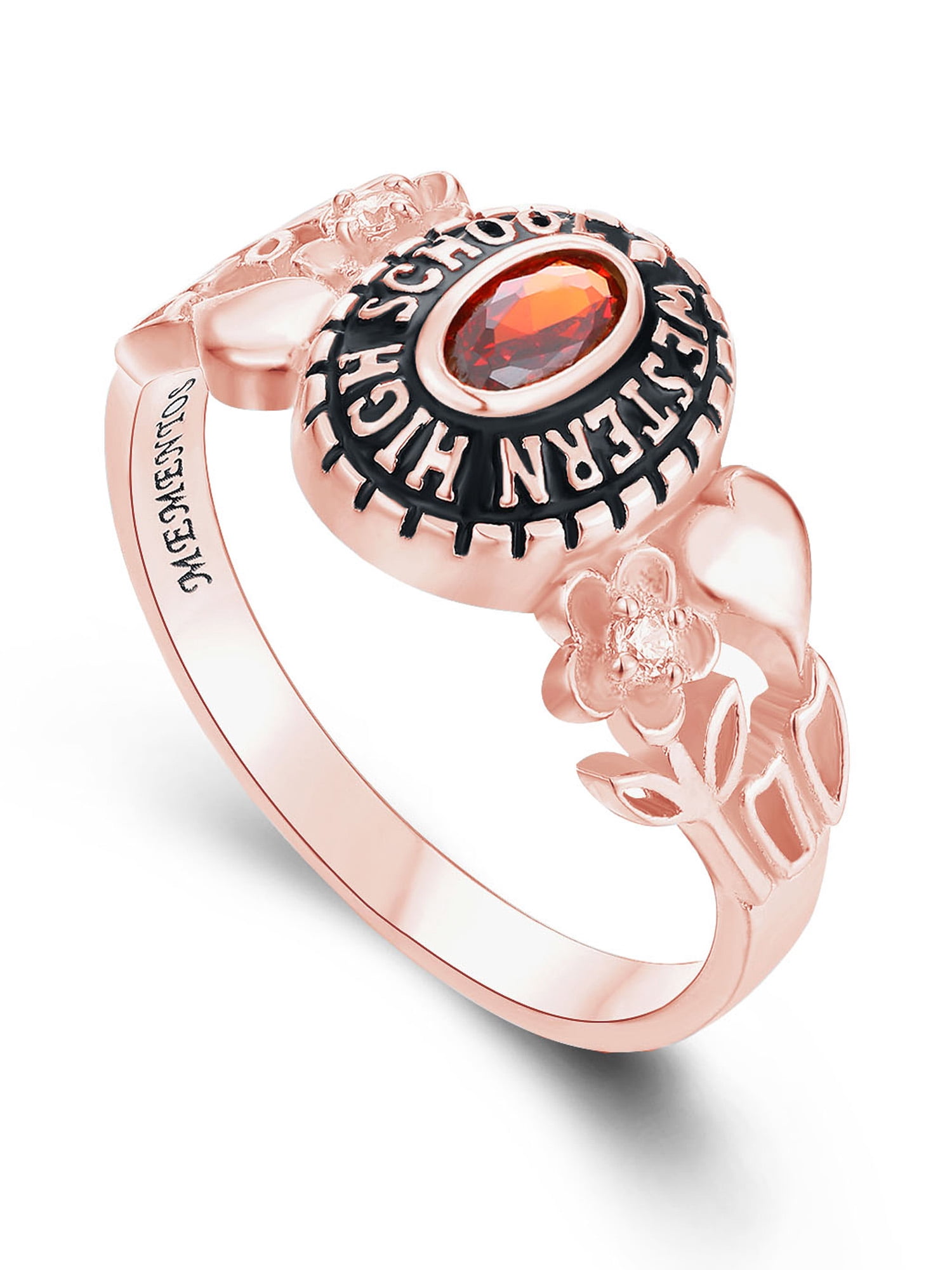 Mementos USA Custom Women's Class Ring Sterling Silver for High School-Petite Flower-Rose Gold