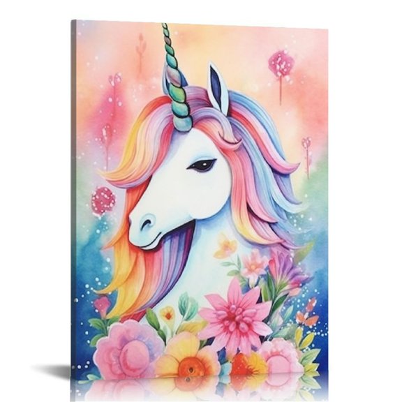 ONETECH Unicorn Wall Decor Pictures Pink Girls Room Bedroom Bathroom Wall Art Cute Mermaid Flamingo Watercolor Painting Artwork Pink Rainbow Framed Canvas Print Nursery Kids Birthday Gifts 12x16 in