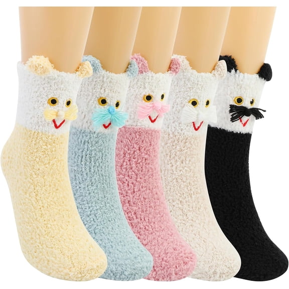 5 Pairs Fluffy Socks for Women, Warm Cozy Coral Fleece Socks with Cute Cat Design, Soft Fuzzy Winter Socks, Cozy House Sleeping Socks, Christmas Stocking Stuffers