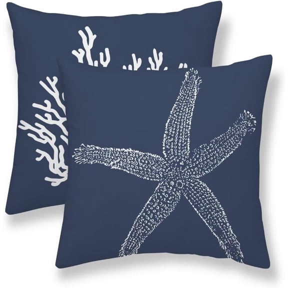 Ryan; Coastal Pillow Covers 18 x 18 Inch Set of 2, Nautical Navy Blue Starfish Coral Throw Pillow Covers Outdoor Farmhouse Beach Pillowcase for Home Couch Sofa Decor