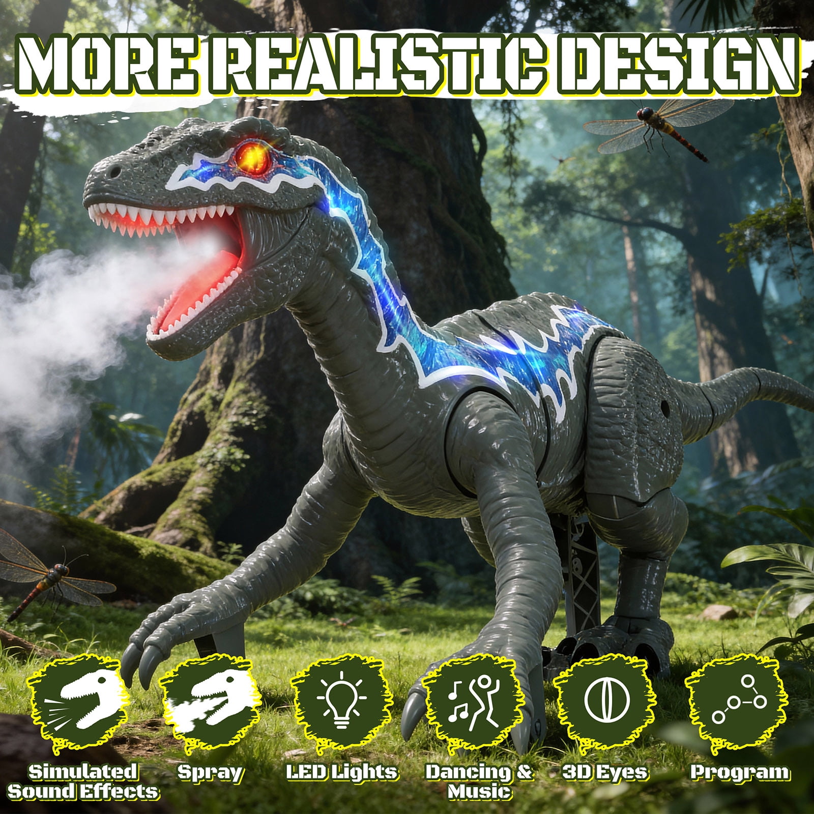 Lvelia Remote Control Dinosaur Toys for Kids,Big Walking Velociraptor Dino with Light and Sound, Birthday Gift Ideas for Boys and Girls 3-12 Year Old,Grey