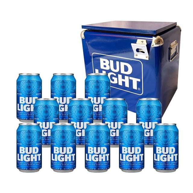 Cerveza Bud Light 12 Latas de 355ml c/u + Hielera Metálica Azul 15L