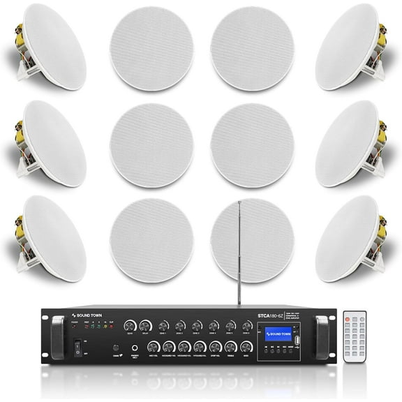 Sound Town Commercial Restaurant Bluetooth Amplifier   in-Ceiling Speaker Set, with One 6-Zone 70V/100V Amplifier with Bluetooth, 12 x Two-Way 8-Inch in-Ceiling Speakers, White (STCA180X12CS8N)