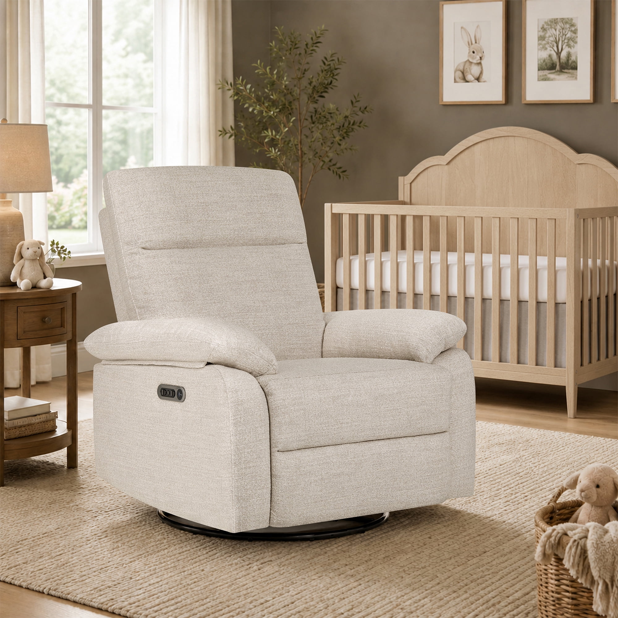 Evolur Asher Deluxe Power Recline Glider, Extra-Wide Nursery Recliner Chair with Adjustable Power Headrest, 275° Swivel, USB-A & USB-C Charging Ports, Ergonomic Lumbar Support, FSC Certified, Oatmeal