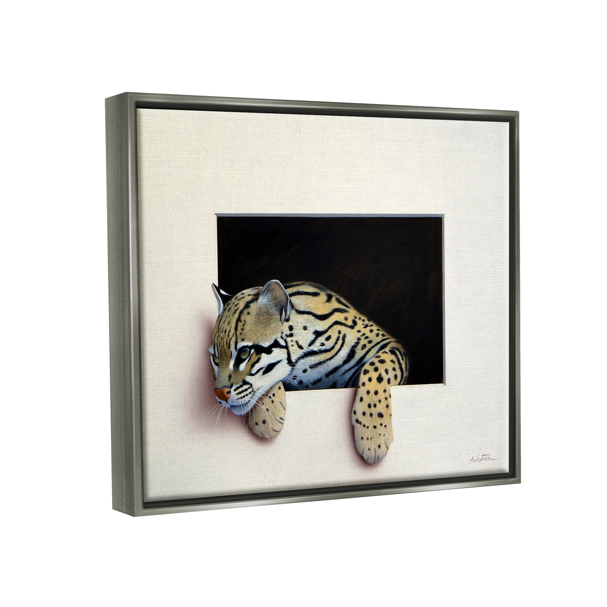 Stupell Industries Wildlife Ocelot Resting Paws Cutout Illusion Painting Luster Gray Floating Framed Canvas Print Wall Art, Design by Alan Weston