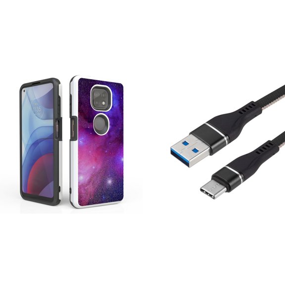 Bemz Accessory Bundle for Moto G Power (2021) Case with: Dual Shield Slim Rugged Hybrid Protective Cover, Fast Charging Sync USB-C to USB-A Cable (3 Feet) and Touch Tool - Purple Galaxy Nebula