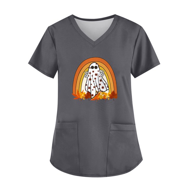 Camiseta rosa con cuello en V y temática de Halloween para mujer con un bonito diseño de fantasma y arcoíris, cómoda y casual