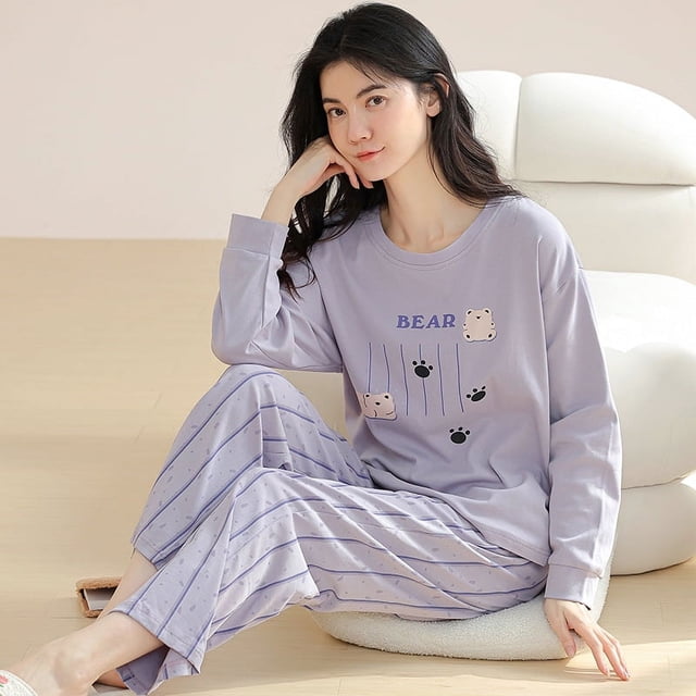 Pijamas de otoño e invierno para mujer, de algodón, de manga larga, con bonitos dibujos animados, para el hogar, se pueden usar al aire libre, traje de dos piezas