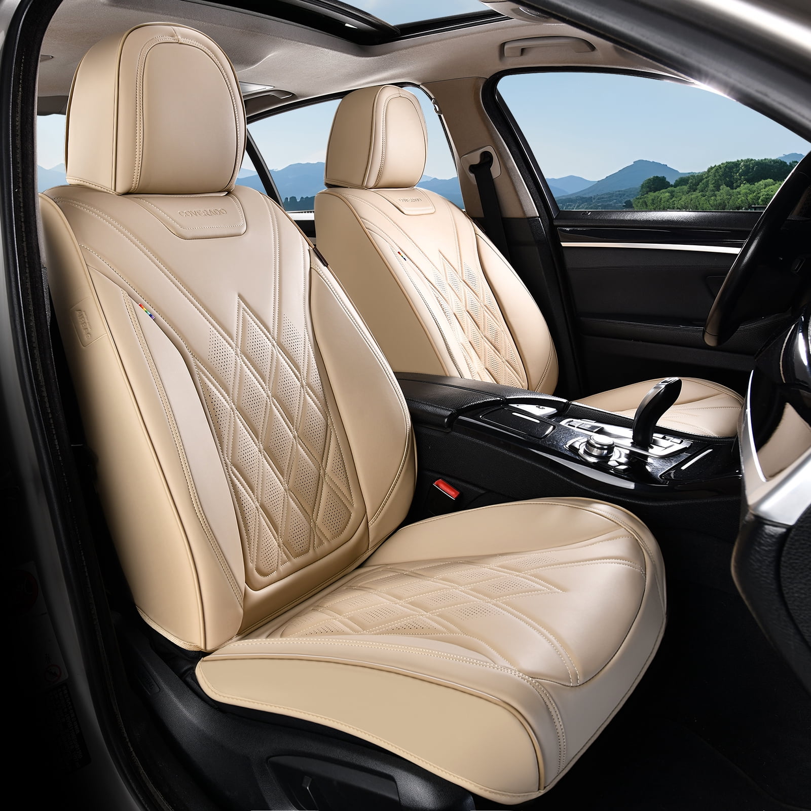 Coverado Full Set Covers For Cars, Waterproof Faux Leather Front and Rear Seat Protectors, Auto Cushions Universal Fit for Most Cars, Beige