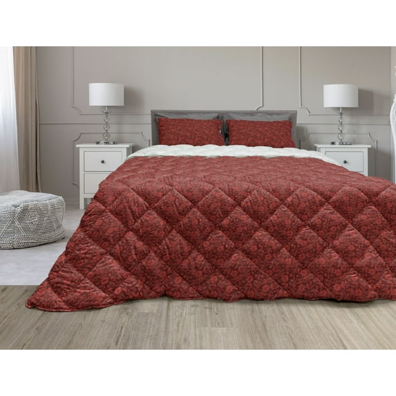 Flower Comforter & Sham Bedding Set, Floral Details with Leaves Swirls Romantic Vivid Vibrant Pattern Art Print, 3 pcs Duvet Set Microfiber Filling Quilt, 5 Sizes, Burgundy and Red, by Ambesonne