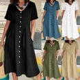 thumbnail image 1 of Gspmoly Robes pour Femmes Grande Taille, Mode Femmes Été Décontracté Col en V Uni Manches Courtes Bouton Poche Robe en Coton et Lin Robes d'Été pour Femmes Offres, 1 of 9