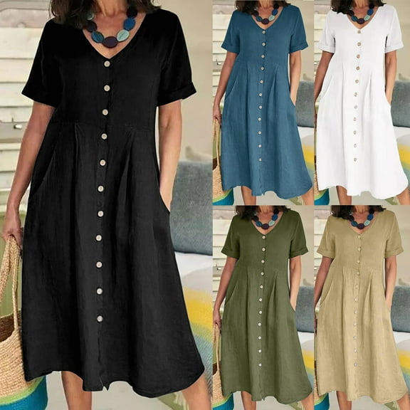 ZZwxWA Womens Plus Size Cotton Linen Summer Dress Casual V-Neck Solid Short Sleeve Button Pocket T-Shirt Dress