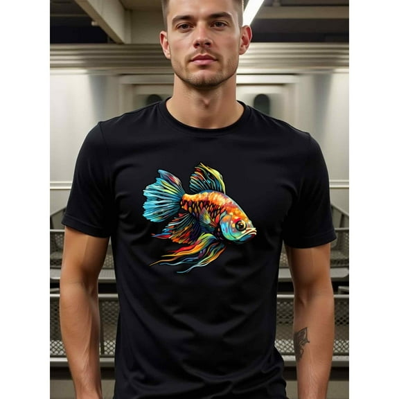 natee Colorful Fish Graphic Tee - Vibrant Aquarium Design, Men's T-Shirt,100% Cotton Fabric,Crew Neck,Short Sleeve,Regular Fit,All-Season Casual Wear,180gsm-Ideal for Valen