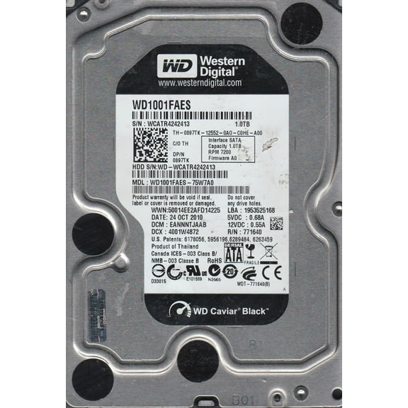 WD1001FAES-75W7A0, DCM EANNNTJAAB, Western Digital 1TB SATA 3.5 Hard Drive