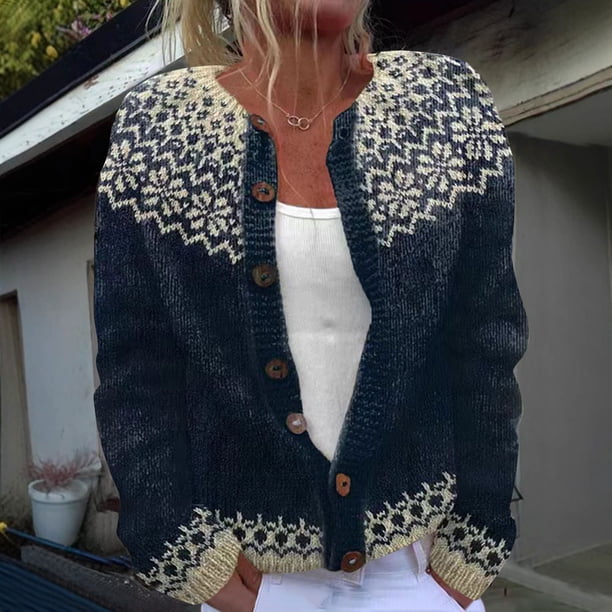 Suéter de cuello redondo para mujer, blusa informal holgada, suéter de estilo étnico de manga larga para mujer, cárdigan con cuello abotonado, blusa para mujer