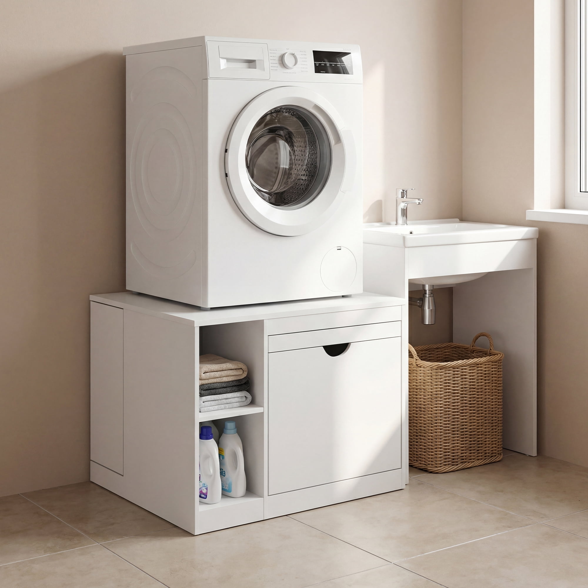 Advwin 29" Washer and Dryer Pedestal, Heavy Duty Washing Machine Stand with Laundry Basket Shelf, Large Drawer, Storage Shelf & Cabinet, Universal Fit Anti-Vibration Laundry Pedestal, White