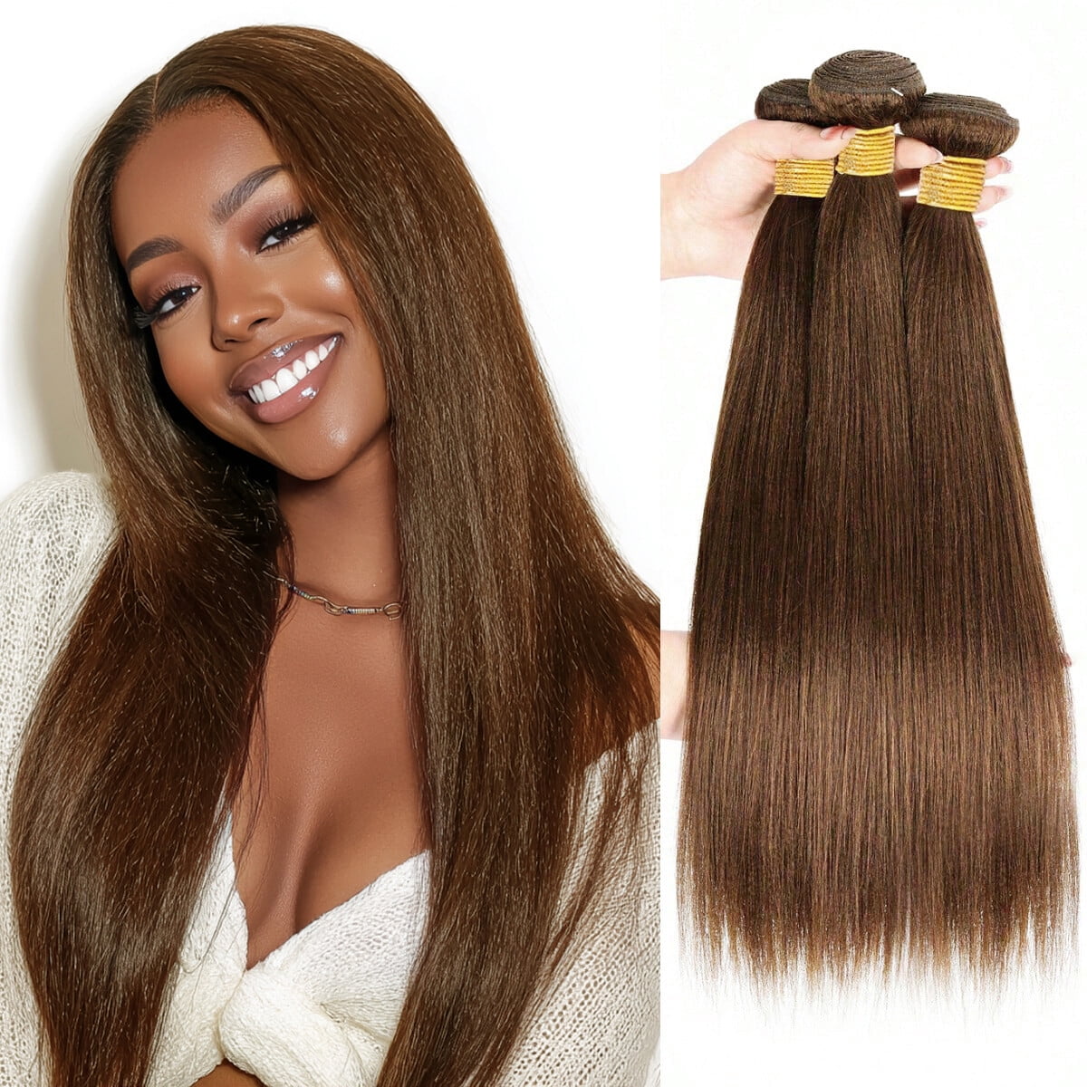 ChicRosa Light Yaki Straight 4# Brown Human Hair Bundles, 3 Pieces