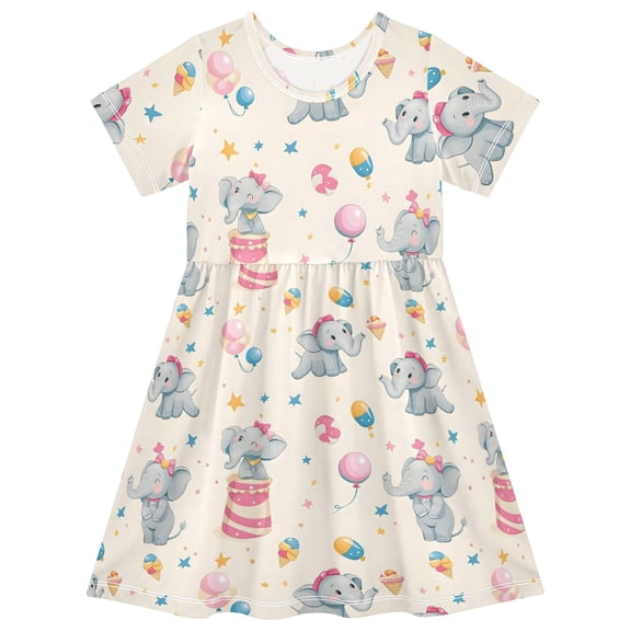 Little Elephant Short Sleeve Dress A-Line Cute Midi Casual Sundress 2-8 Years