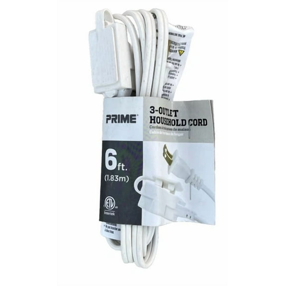 Prime 3-Outlet 6 Foot Household Electric Extension Cord White (D)
