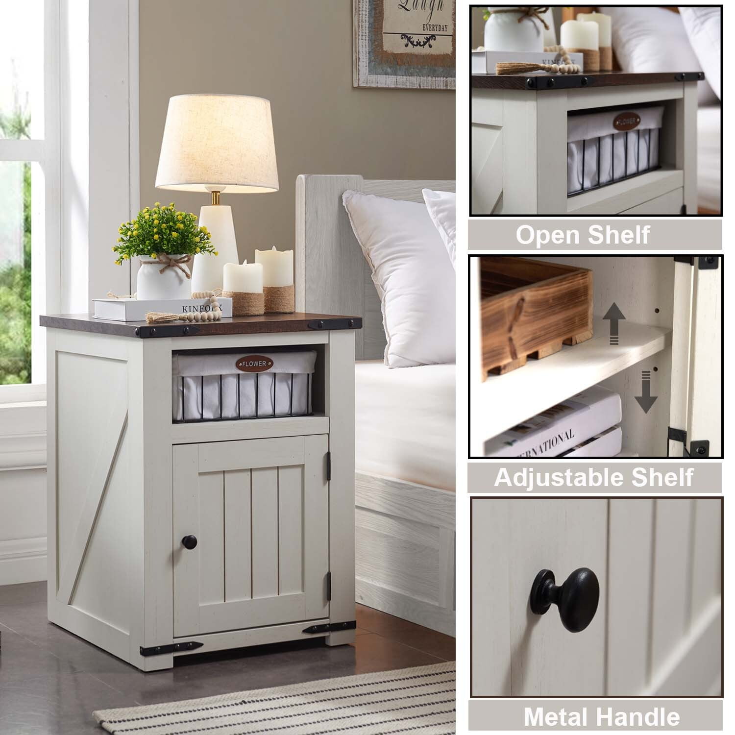 IFGET Farmhouse Nightstand with Charging Station, End Table with Banr Door Storage Cabinet & USB Ports & Power Outlets for Bedroom Living Room