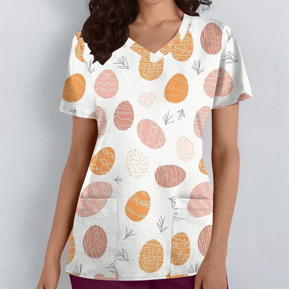 Easter Scrub Tops for Women V-Neck Short Sleeve with Pockets Tulip and Striped Egg Pattern Professional Stretch Medical Nursing Workwear Clothes