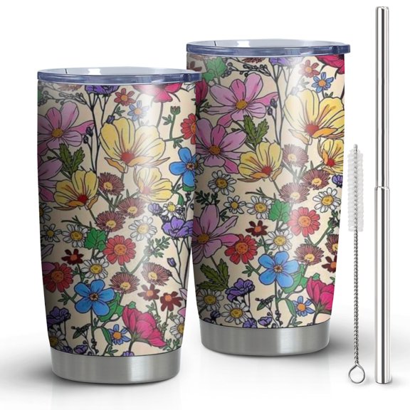 20oz Tumblers Pioneer Flower Floral Print Pattern Stainless Steel Vacuum Insulated Double Wall Travel Tumbler Cups Mug with Lid and Straw,Cleaning Brush for Cold & Hot Drinks