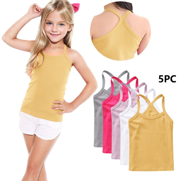 Freshbabe 5PCS Girls Racerback Tank Tops,Soft Sleeveless Undershirts, Bulk Basic Layering Tanks for 4th of July, Summer, Active and School