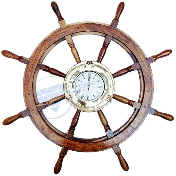 Nagina International Deluxe Nautical Porthole Clock MDF Hub Ship Wheel | Roman Numeral Dial | Handcrafted Decor | Pirates Wall Decor Gift (30 Inches)