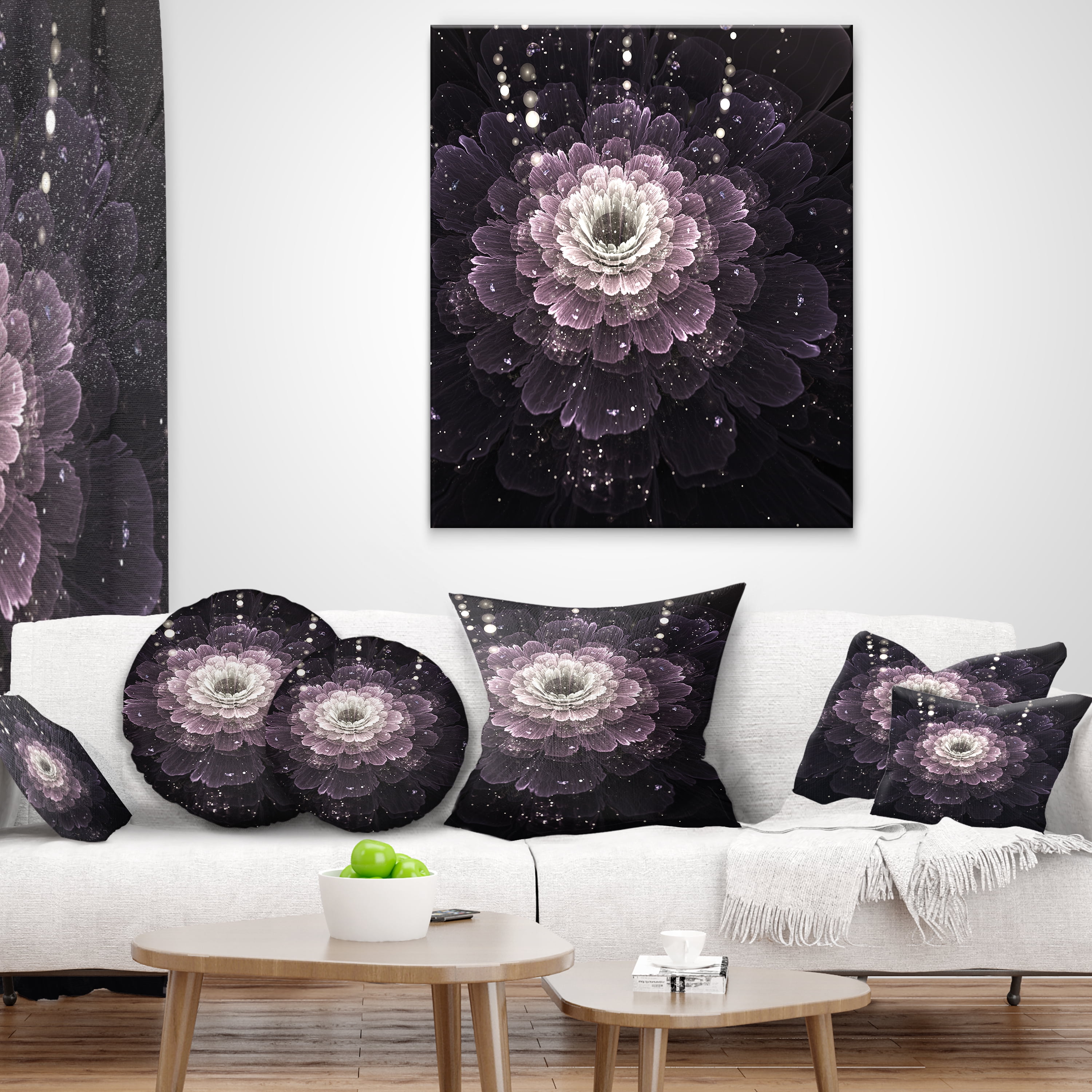 Designart Black Flower with Silver Details - Floral Throw Pillow - 12x20