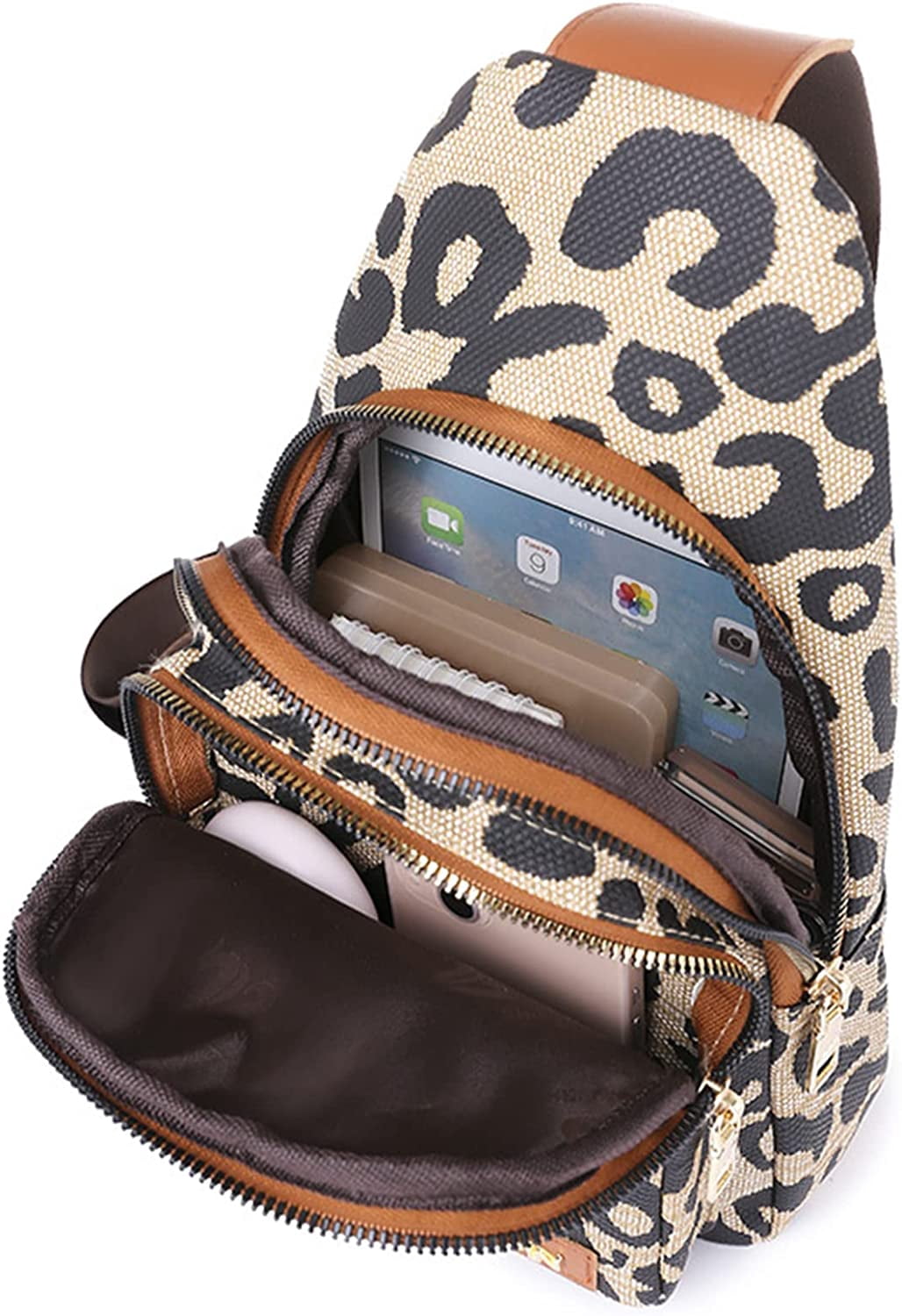 Euphrates Women's Leopard Print Leather Sling Crossbody Bag, Black