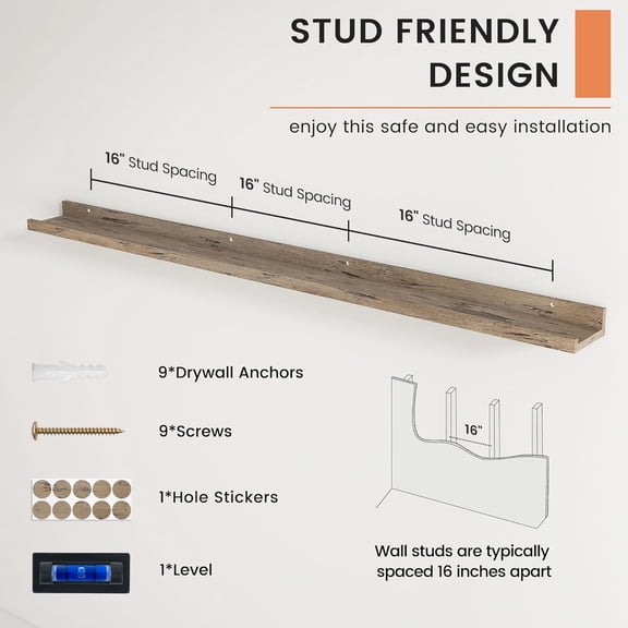 Picture Ledge Shelf, Floating Shelves Set of 2, 56 Inches Long Large Nursery Book Shelves for Toys Storage, Kids Bookshelf Wall Mounted for Living Room Bedroom Decor Books Photo Frames,Grey