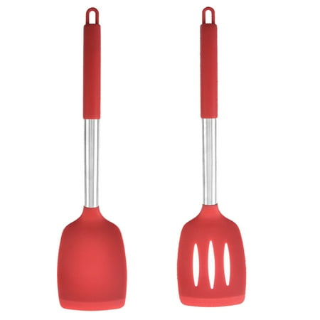 

2-Piece Kitchen Utensils Safe Food-Grade Silicone Heads and Stainless Steel Handles Red