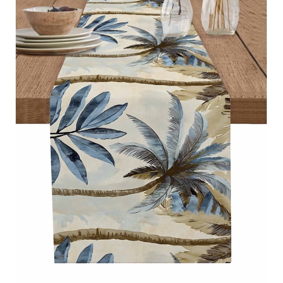 Hokiten Table Runners 48 Inches Long Dress Scarves, Navy Blue Palm Trees Farmhouse Kitchen/Dining Table Runner, Short Coffee Tablerunners, Retro Summer Botanical Watercolor 13x48 Inch