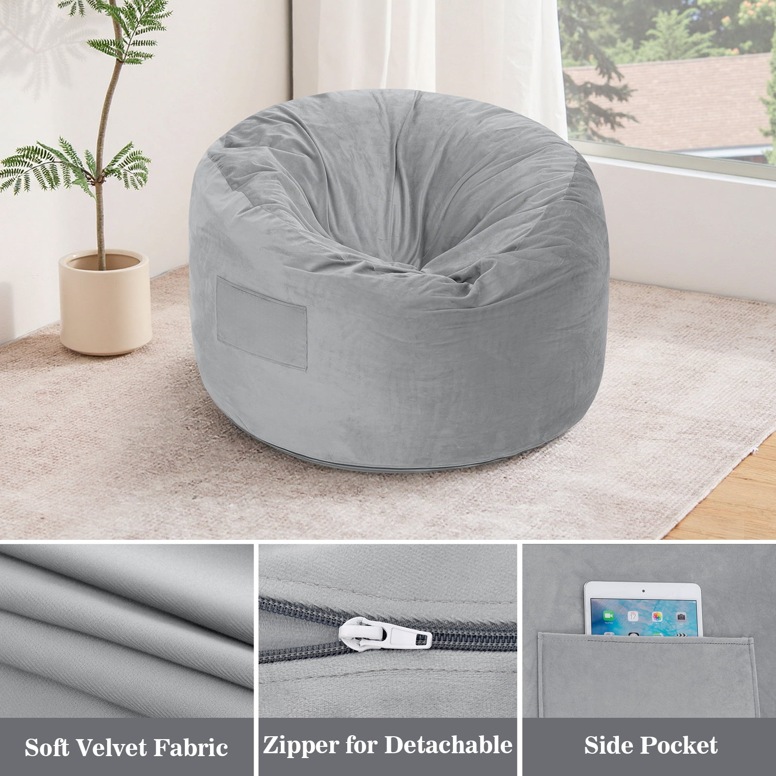 Lusimo Giant Bean Bag Chairs Bean Bag Bed with Foam Filling, Convertible Bean Bag Chair Bed with Washable Velvet Cover and Side Pocket for Adults, Family, Living Room, Gray, Full Size