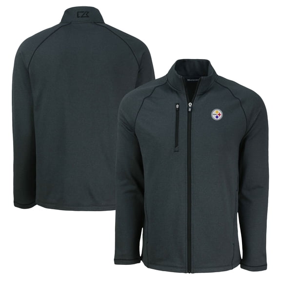 Men's Cutter & Buck Heather Black Pittsburgh Steelers Peshastin Eco Fleece Recycled Raglan Tri-Blend Full-Zip Jacket