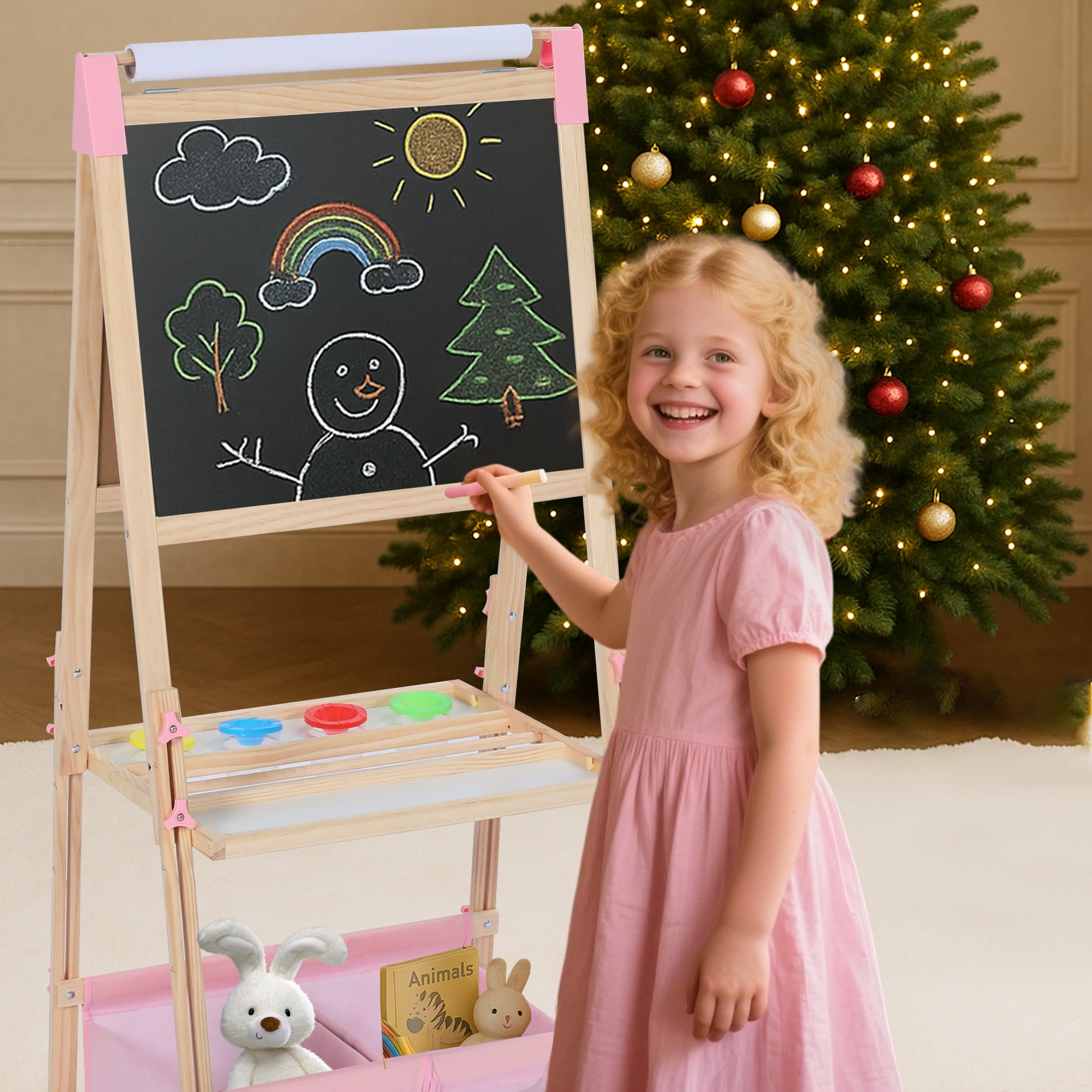 LINLUX Wooden Kid Easel for Paintings, Art Easel for Kid Double Side, Magnetic Whiteboard Chalkboard, Pink