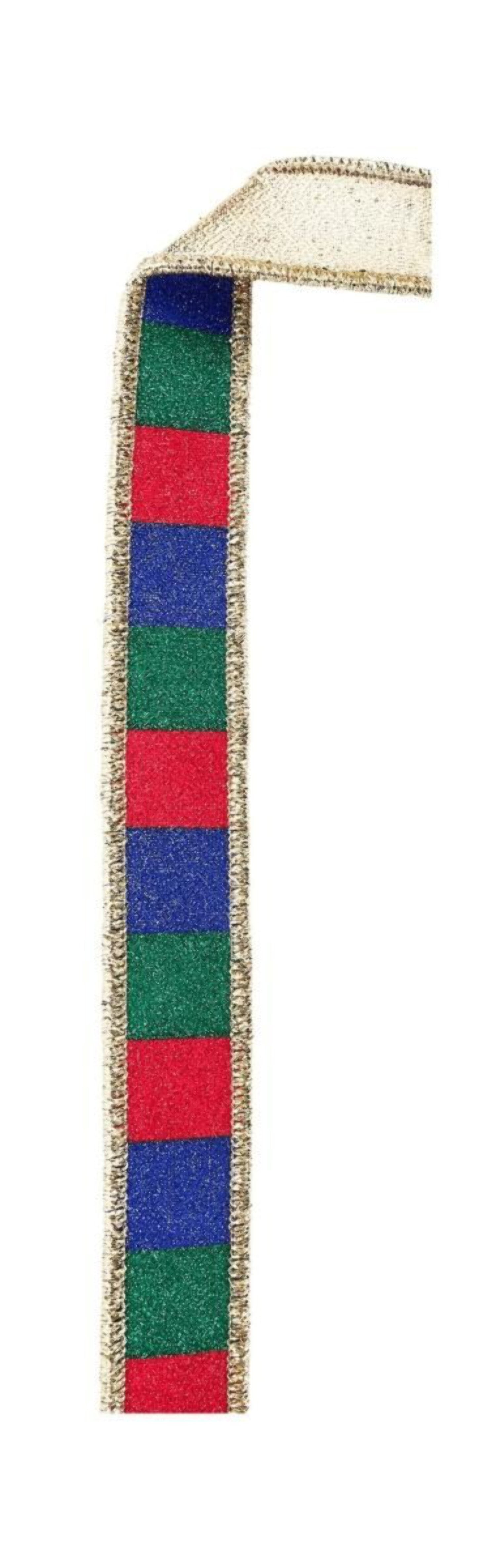 1.5in Glitter Stripe Ribbon: Red, Blue and Green (10 Yards)
