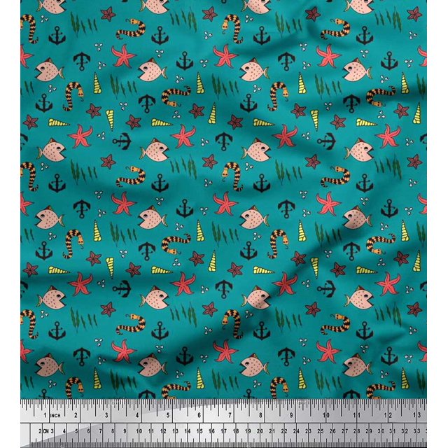 Soimoi Cotton Poplin Fabric Anchor Hook,Shell & Starfish Ocean Decor Fabric Printed Yard 42 Inch Wide